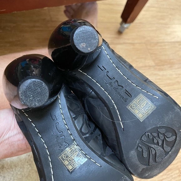 Super cool Jump for Fun Bacardi pumps 7.5 Black Peep toe chunky 3 heel like New - Picture 12 of 15